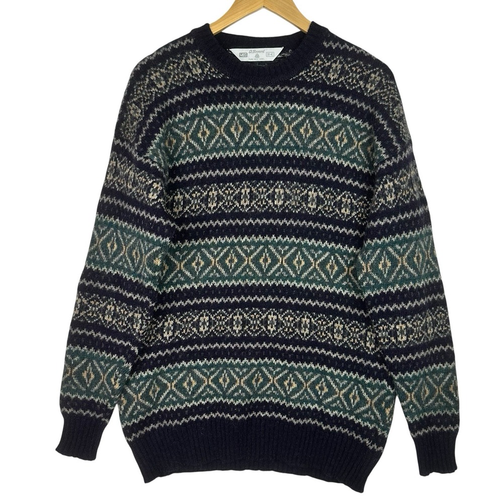 St Bernard 100% Wool Fair Isle Sweater Mens Medium Nordic Crewneck Made UK
